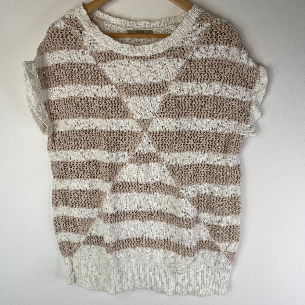 RW & CO. Women White Beige Striped Short Sleeve Open Knit Sweater Top